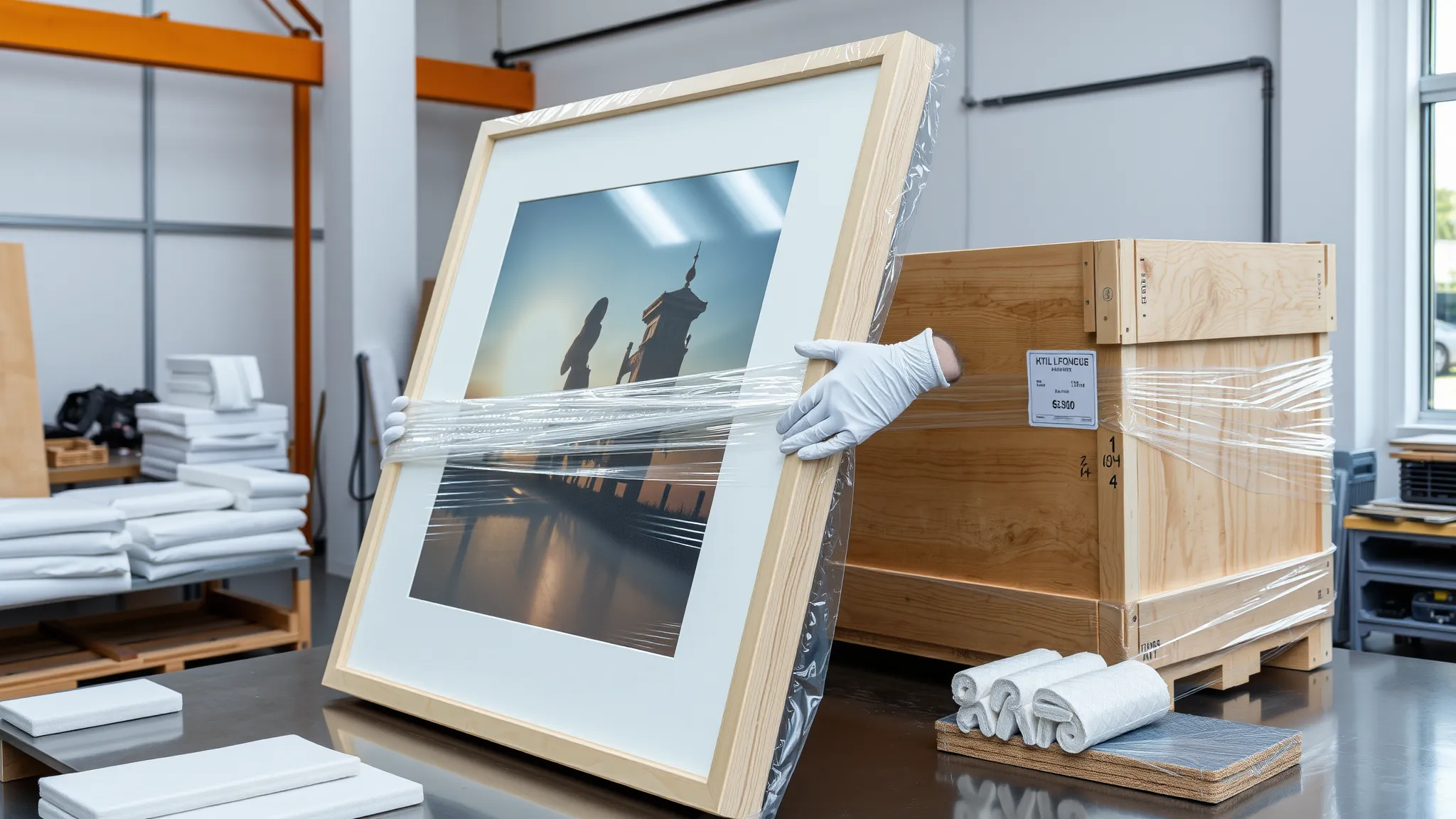 Manutentionnaire ganté emballant un tableau encadré avant d'expédier une œuvre d'art au Canada