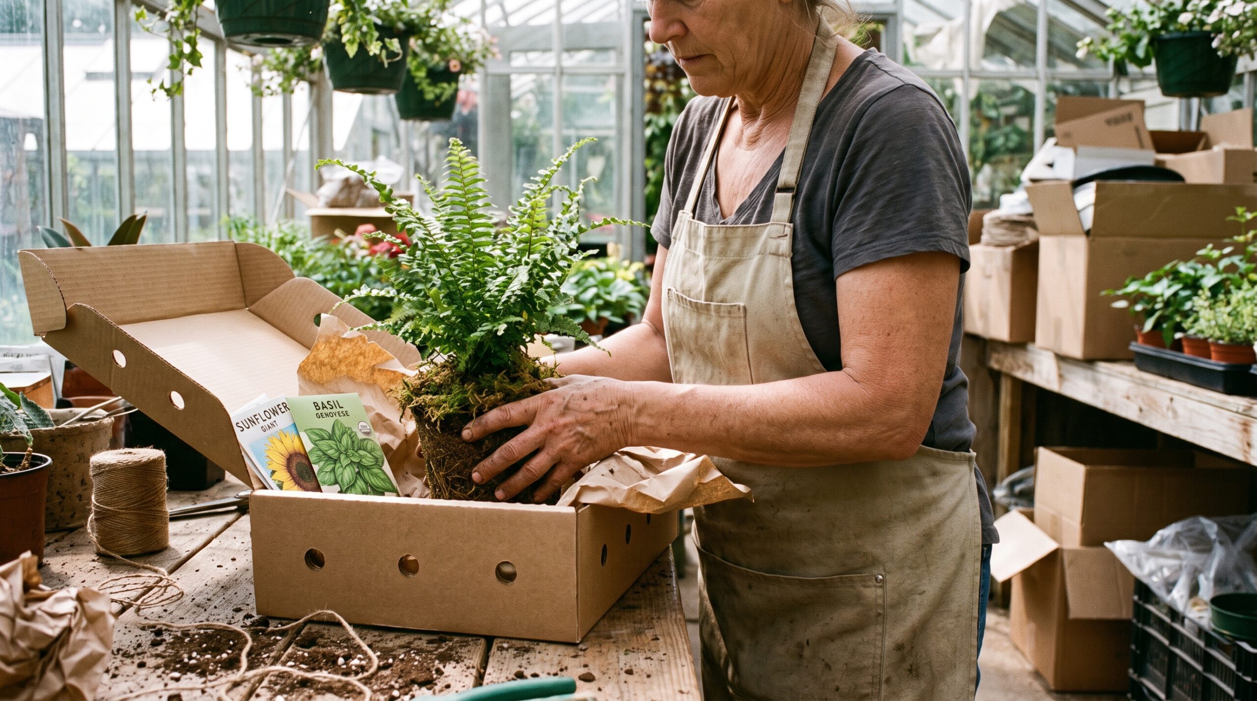 Horticultrice qui emballe des plantes en pot et des sachets de semences dans une boîte ventilée pour expédier des plantes au Canada