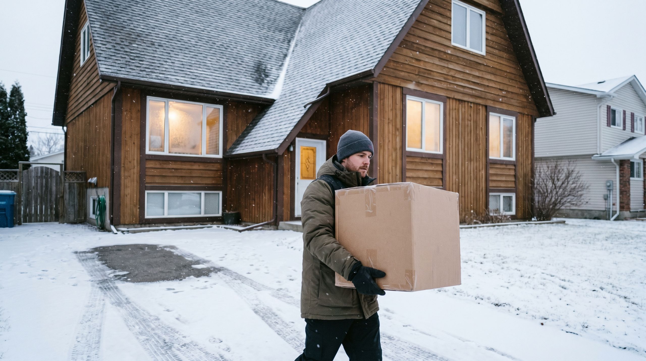 Livreur qui dépose un colis sous la neige : expédier par temps froid au Canada en 2026