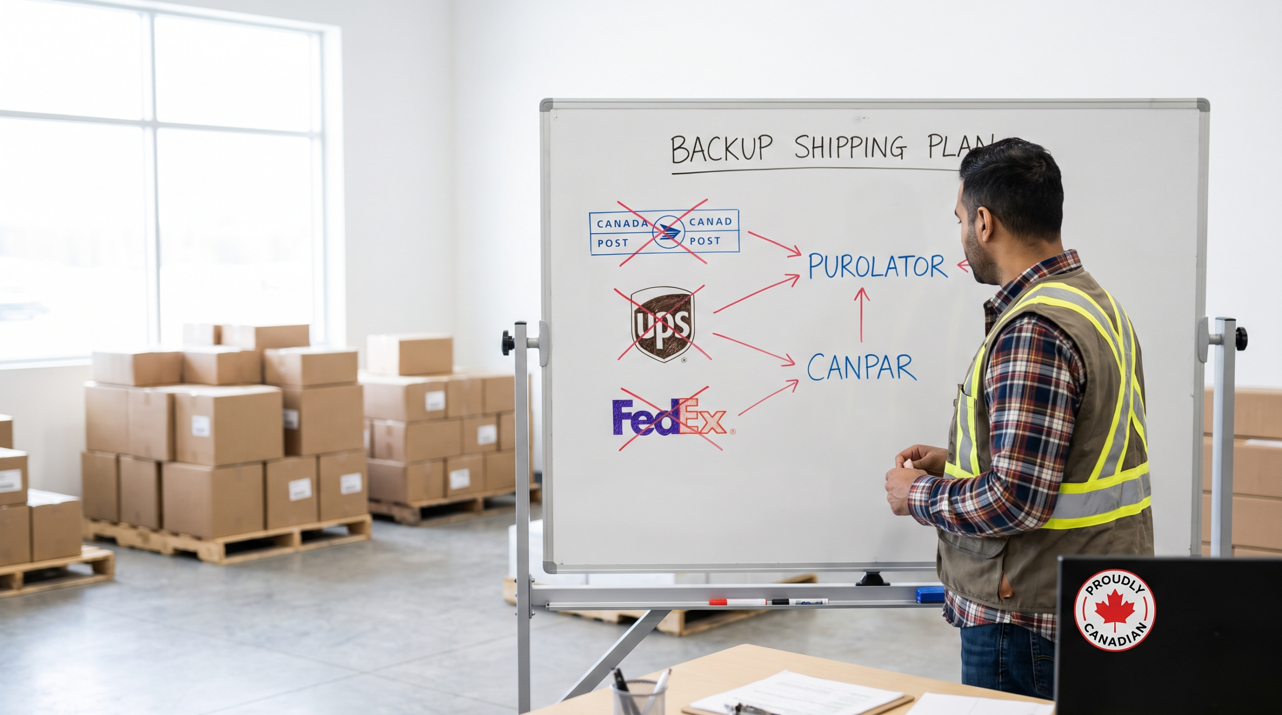 Propriétaire de PME révisant son plan de contingence expédition 2026 devant un tableau de transporteurs de rechange au Canada