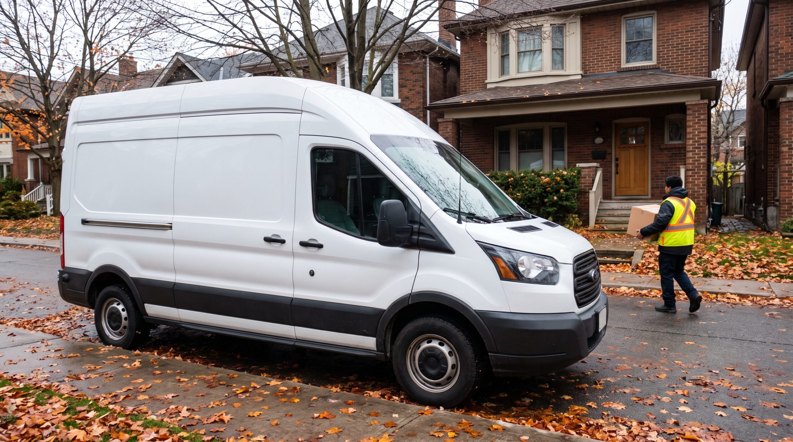 Camion de livraison en automne illustrant la baisse de la surcharge carburant de Postes Canada en 2026